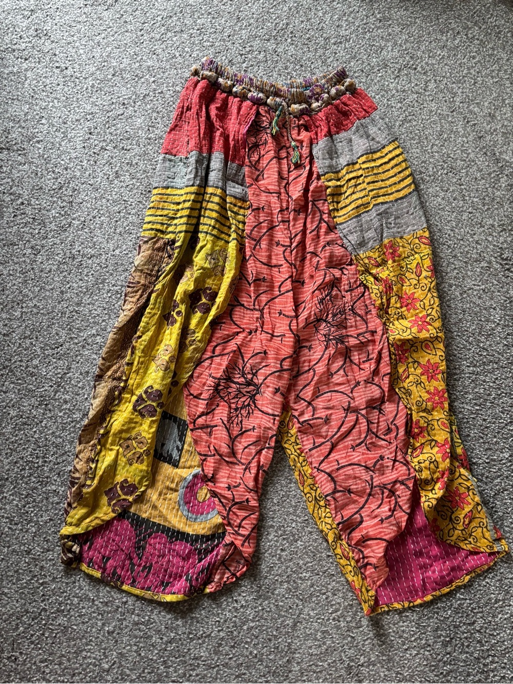 Kantha Bae Boho Patchwork Wide-Leg Pants - Coral & Yellow